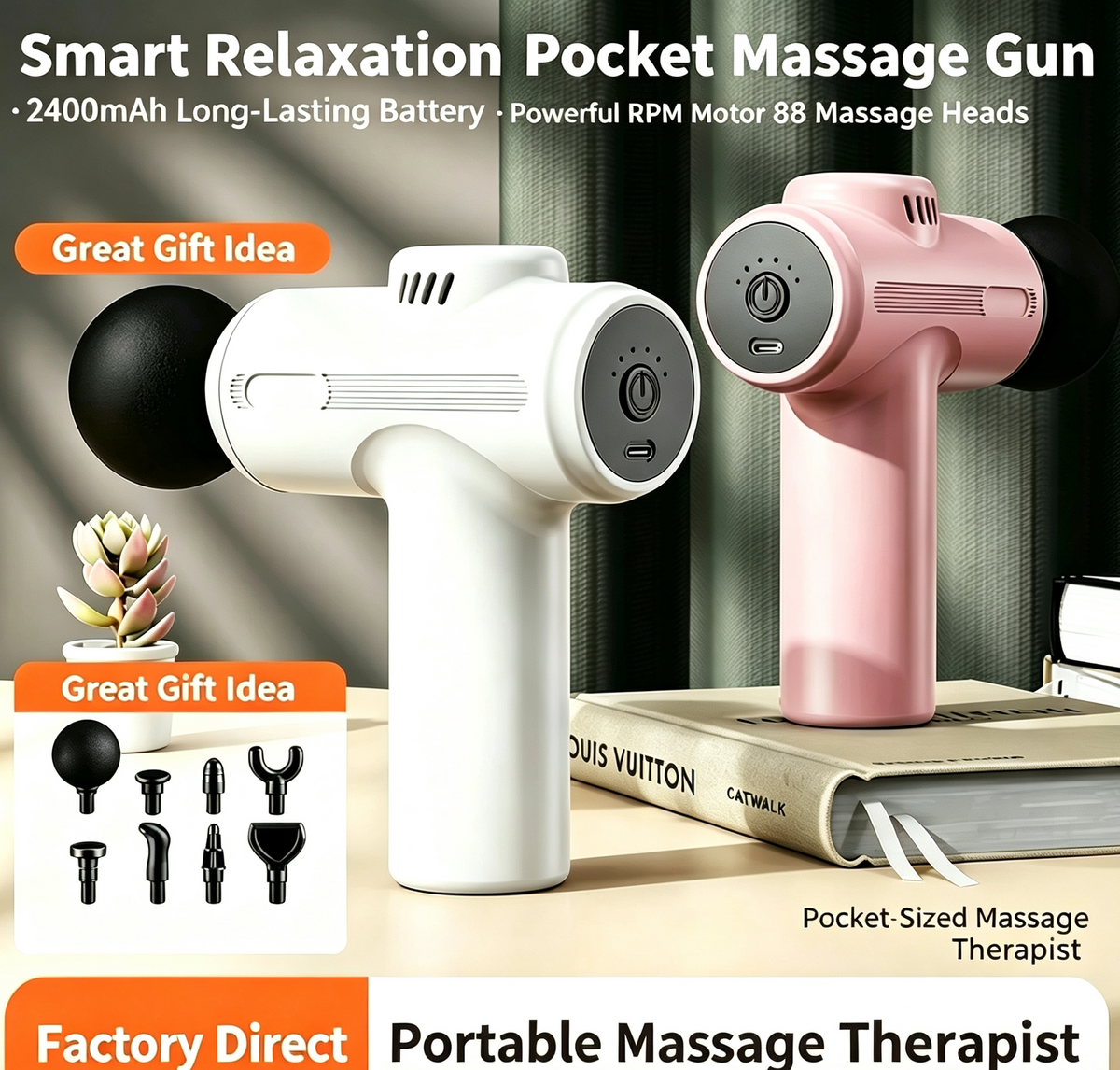 Two handheld pocket massage guns shown on a tabletop: one white and one pink, each with a black round massage head. The image includes marketing text such as 'Smart Relaxation Pocket Massage Gun,' '2400mAh Long-Lasting Battery,' 'Powerful RPM Motor 88 Massage Heads,' 'Great Gift Idea,' and 'Portable Massage Therapist.