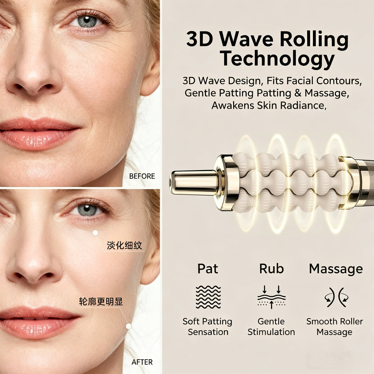 Promotional graphic for a facial roller/massage device. Left side shows close-up before/after skin results on a woman's face with text labels.
