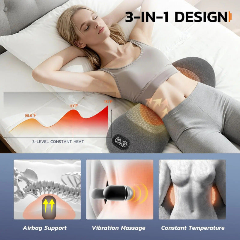 Woman using a 3-in-1 heating pad with text highlighting features like airbag support, vibration massage, and constant temperature.