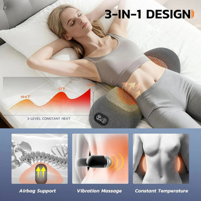 Woman using a 3-in-1 heating pad with text highlighting features like airbag support, vibration massage, and constant temperature.