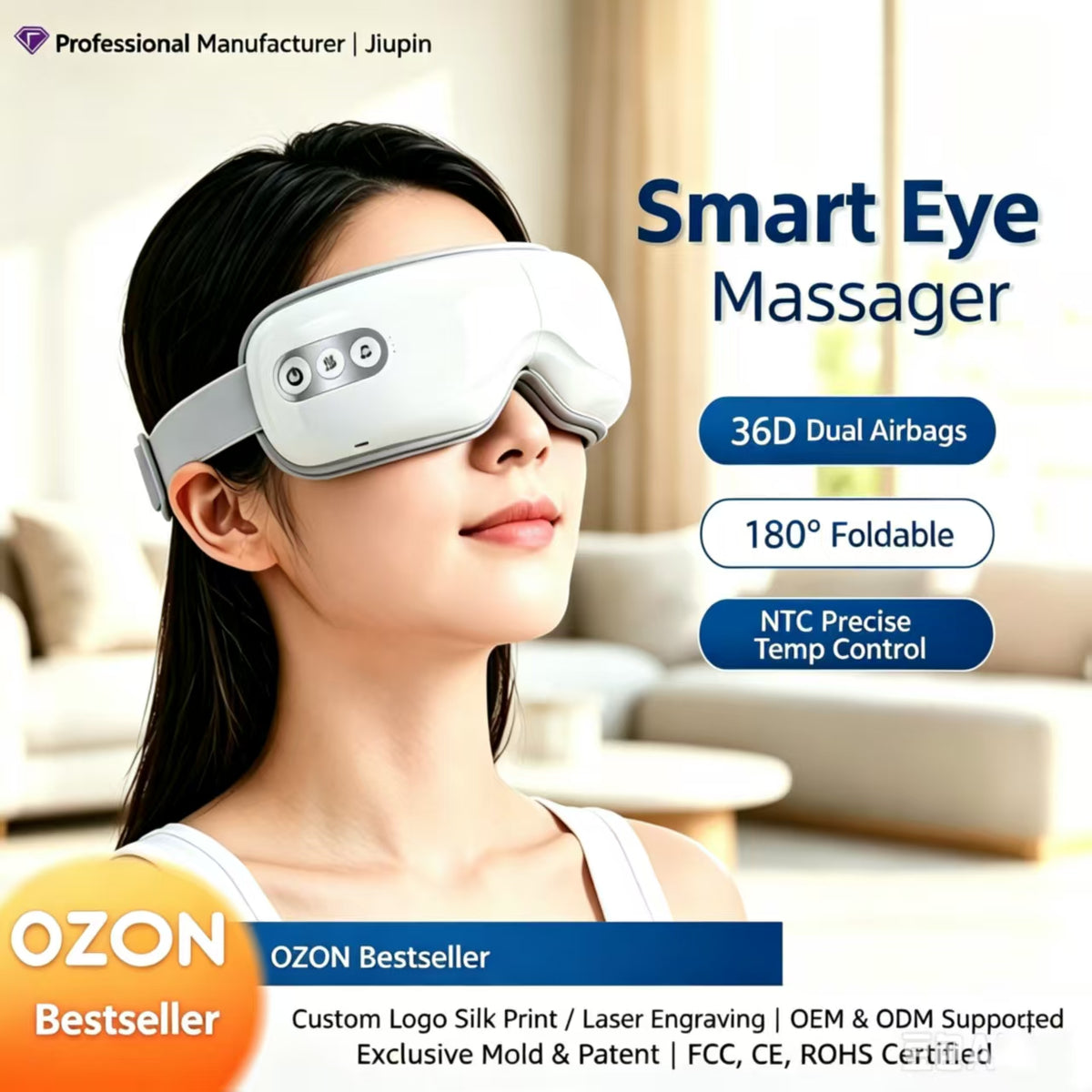 A woman wearing a white smart eye massager in a softly lit living room. The image includes promotional text such as 'Smart Eye Massager,' '36D Dual Airbags,' '180° Foldable,' and 'NTC Precise Temp Control,' along with an OZON Bestseller badge and manufacturer text at the top.