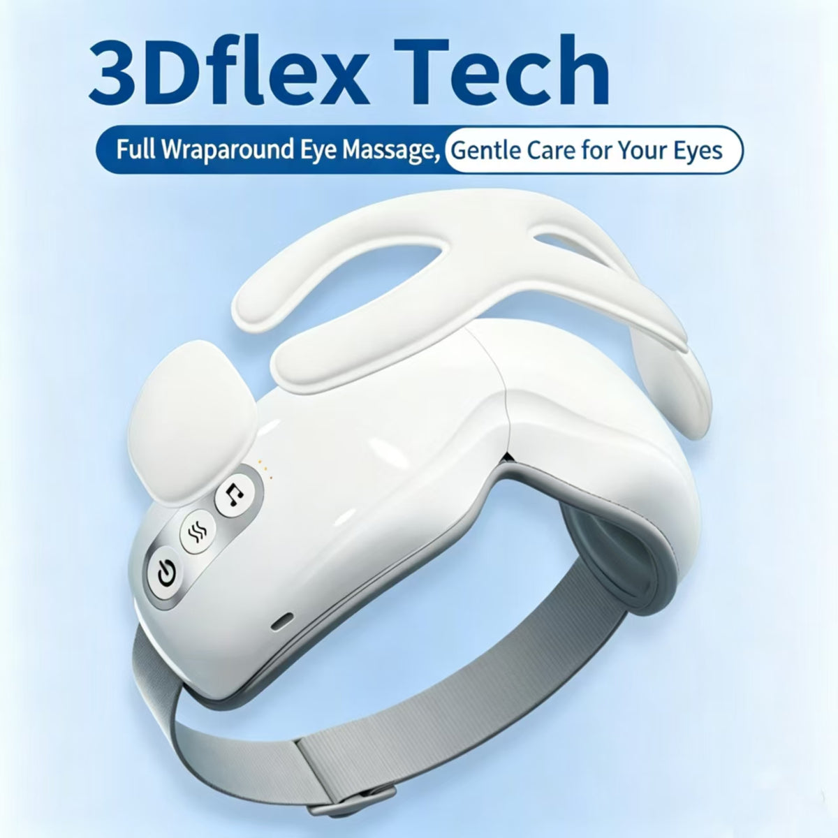 White 3Dflex Tech full wraparound eye massager with a gray adjustable strap, shown on a light blue background with promotional text.