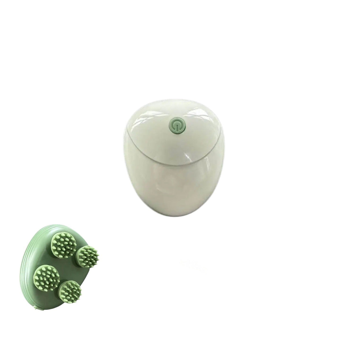 A handheld electric facial massager shown in two views: one closed in its white oval case and one open, revealing three green silicone massage nodes on a white background.