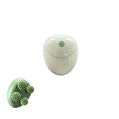A handheld electric facial massager shown in two views: one closed in its white oval case and one open, revealing three green silicone massage nodes on a white background.