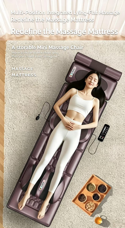 A woman reclines on a purple massage mattress chair in a bedroom setting, with a remote control and a small tray of herbal pads nearby. Text at the top reads 'Multi-Position Integrated Lying-Flat Massage Redefine the Massage Mattress' and 'A storable Mini Massage Chair'.