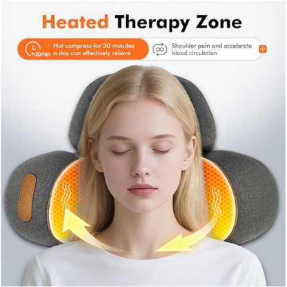 Woman using a neck and shoulder massager with text about heated therapy zone.