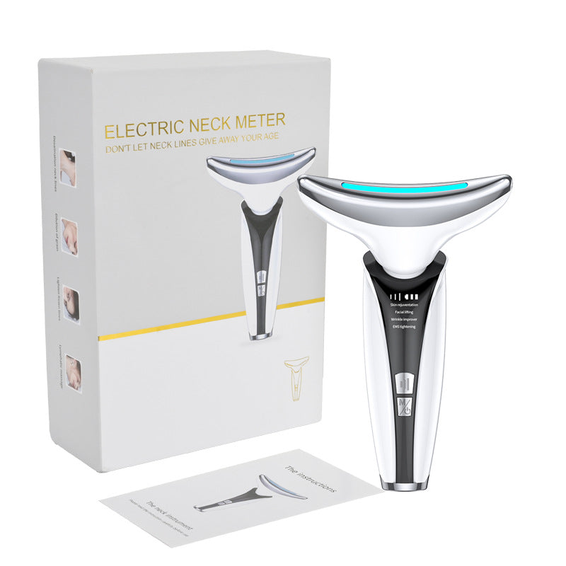 Electric neck meter with packaging and user manual on a white background