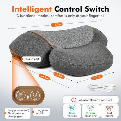 Gray massage pillow with control switch and features on a white background