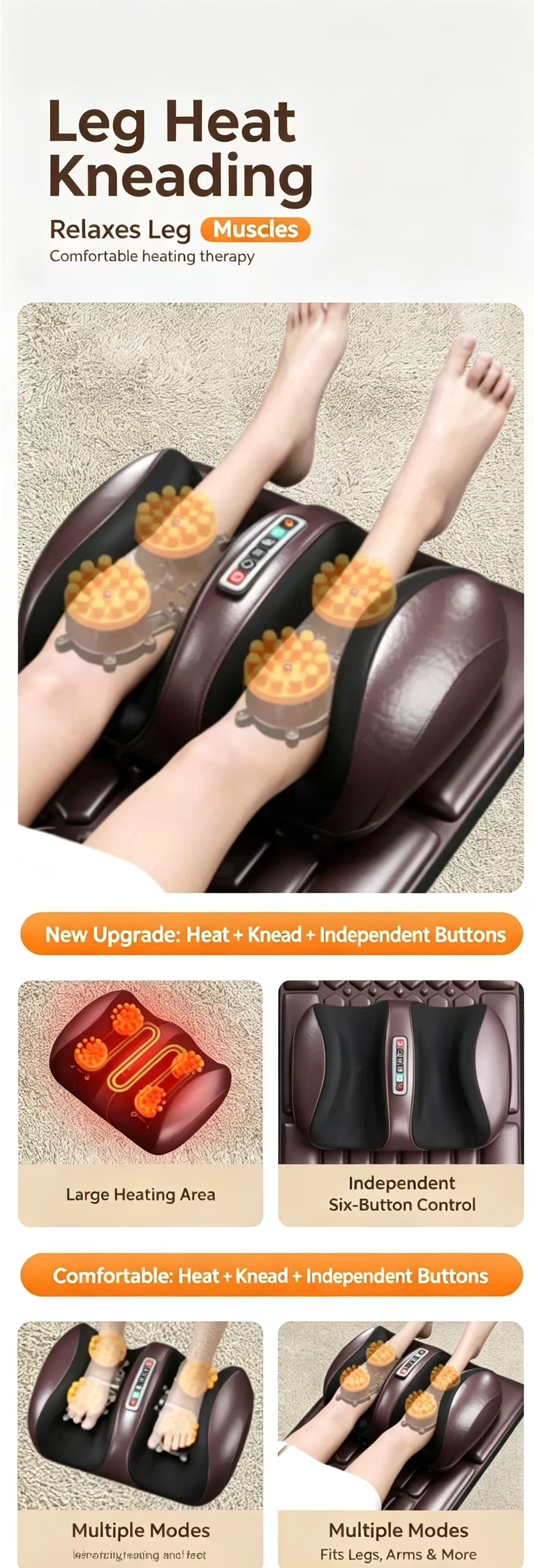 An infographic-style promotional image for a leg massage machine. The top section shows a person reclining in a dark brown leg heat kneading massage machine with orange heat pads pressed onto the legs, with text reading 'Leg Heat Kneading Relaxes Leg Muscles.