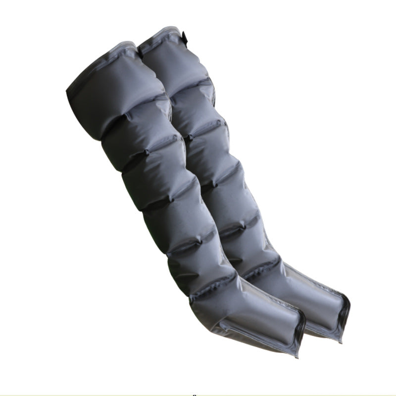 A pair of gray inflatable leg sleeves with segmented puffer chambers, shown against a plain white background.