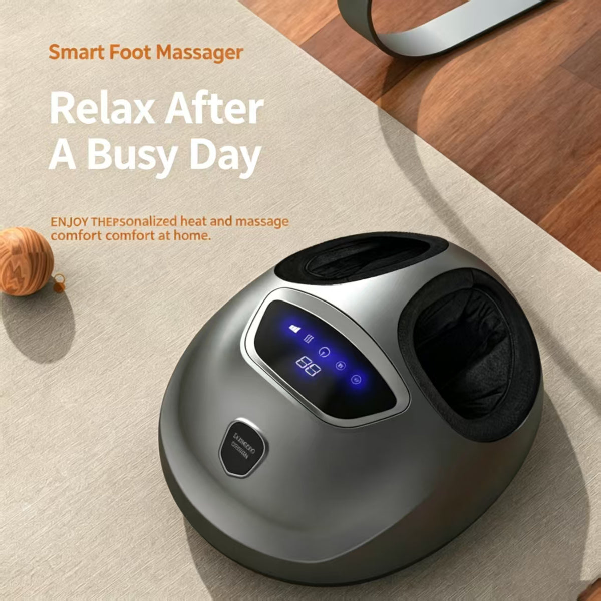 A smart foot massager shown on a beige rug with a wooden floor in the background, accompanied by promotional text that reads 'Smart Foot Massager' and 'Relax After A Busy Day'.