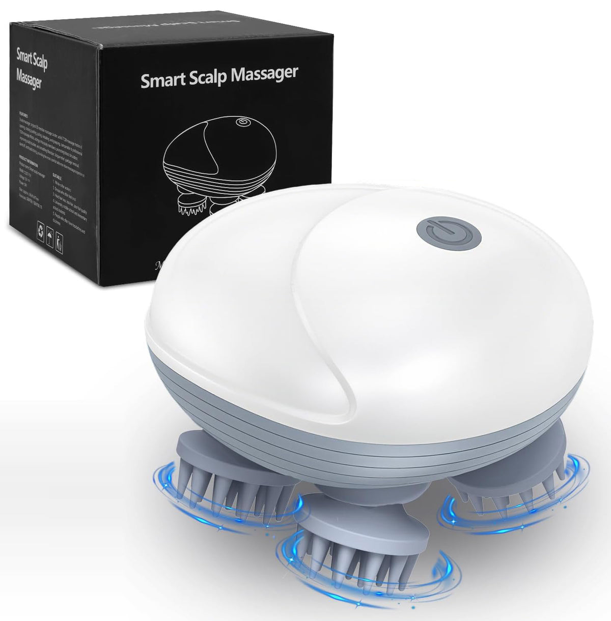 Smart scalp massager with packaging on a white background