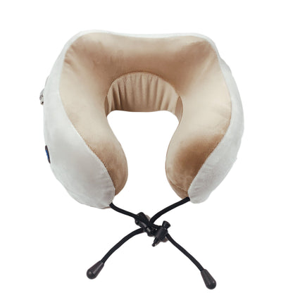 A U-shaped travel neck pillow with a beige inner cushion and white outer shell, featuring a black adjustable strap at the bottom, shown on a plain white background.