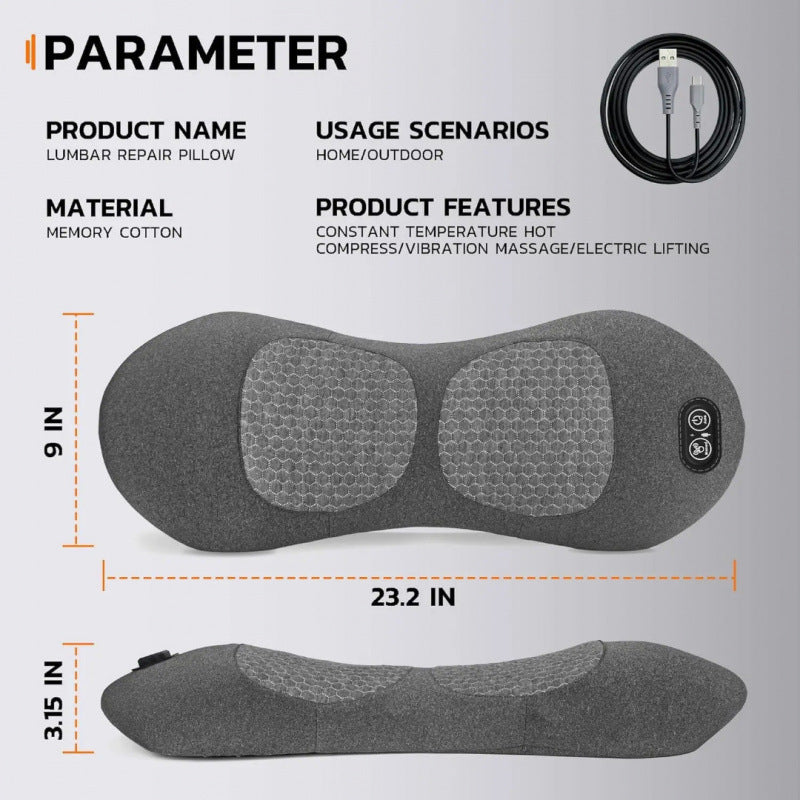 Gray lumbar repair pillow shown with top and side views on a light gray background, with text listing product name, material, usage scenarios, and features. A black USB cable is shown in the top right, and dimensions are labeled 9 in, 23.