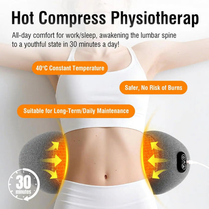 Hot compress physiotherap device being used on a person's waist with text highlighting its benefits.