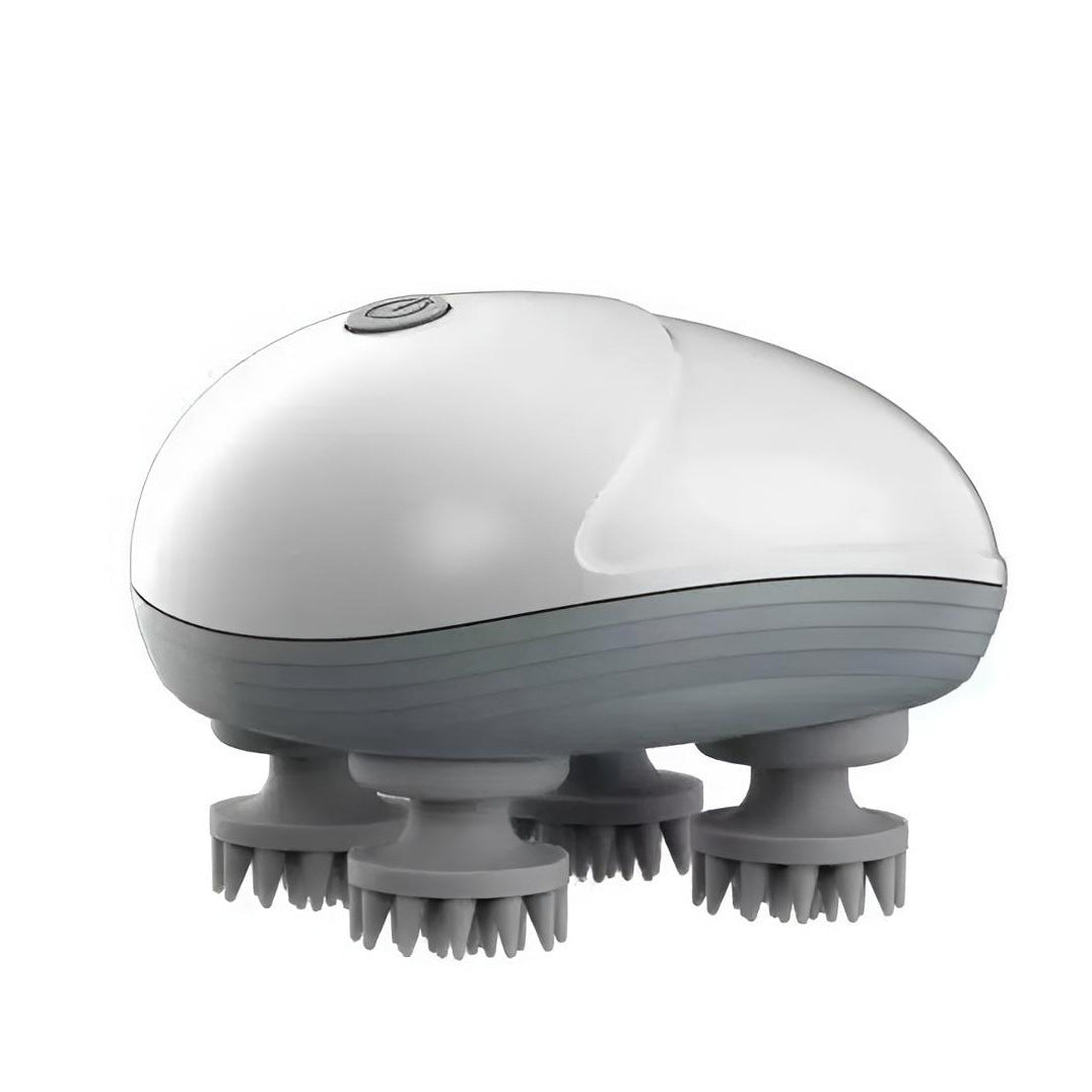 White and gray electronic device with brush-like attachments on a white background