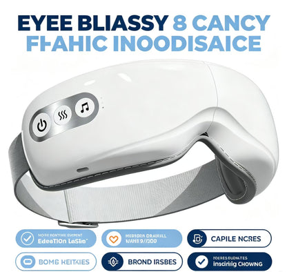 White electric eye massager with gray strap, featuring control buttons on the forehead, set against a white background with humorous text overlays and feature badges.