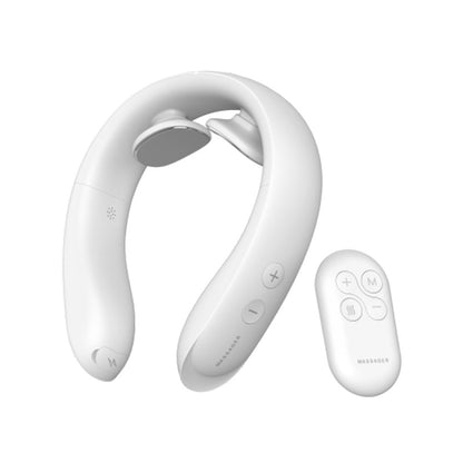 White neck massager with remote control on a white background