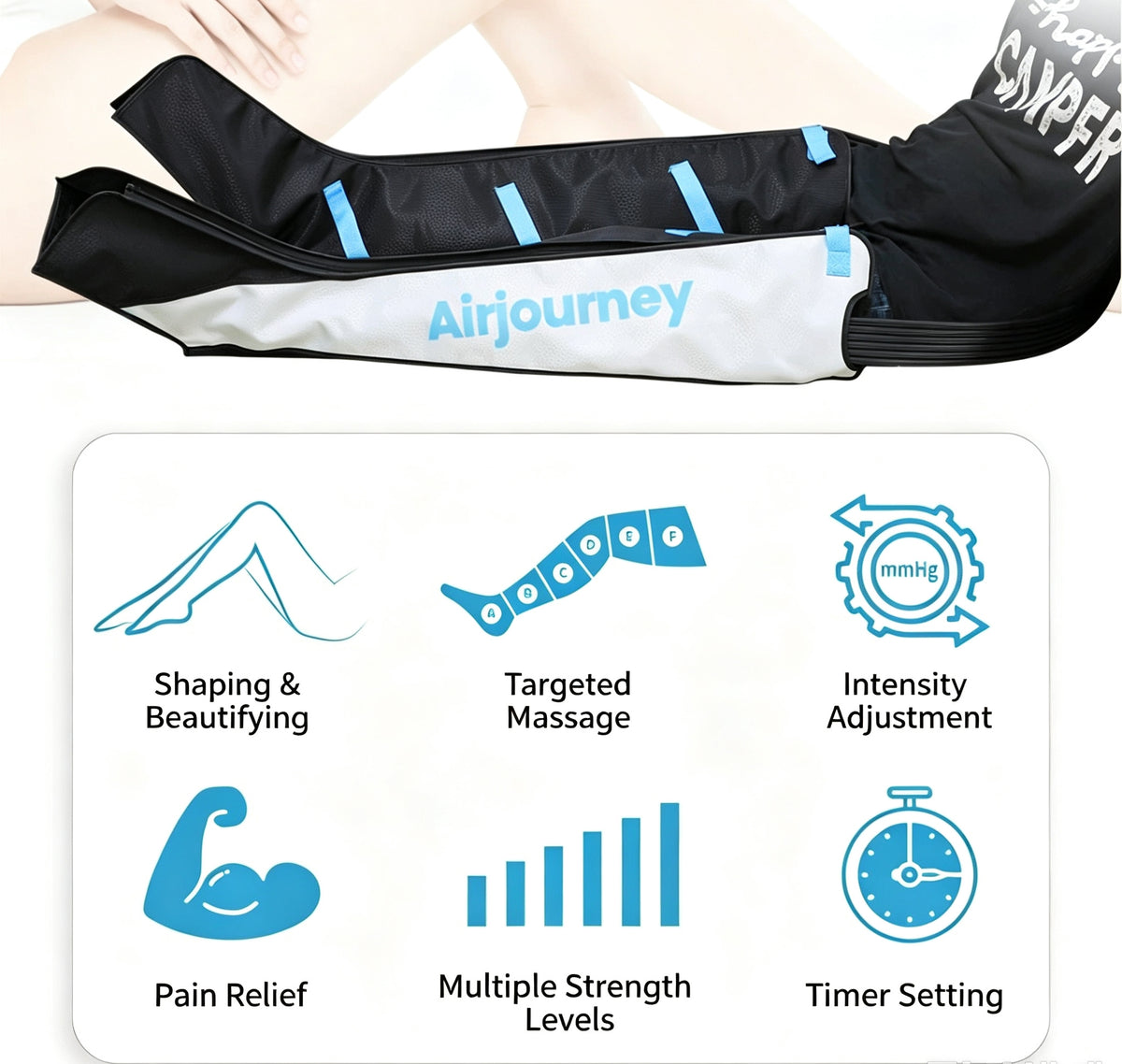 An air-based body shaper bag shown partially worn on a person's leg, with feature icons and text below describing shaping, targeted massage, intensity adjustment, pain relief, multiple strength levels, and timer settings. The bag is black and white with blue accents and the brand name 'Airjourney' printed on it.
