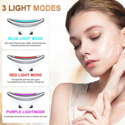 A beauty device shown in three inset diagrams labeled Blue Light Mode, Red Light Mode, and Purple Light Mode, alongside a woman touching her neck and cheek with glowing cream on it. The headline reads '3 LIGHT MODES'.