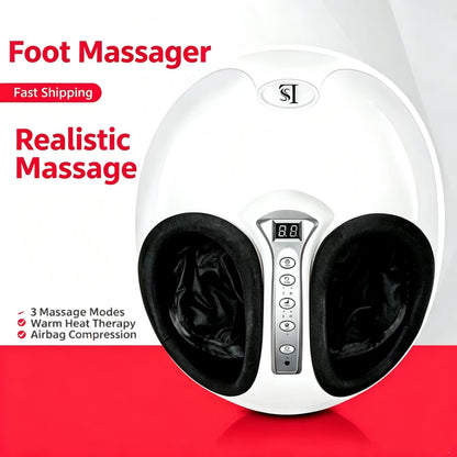 White foot massager with black foot pockets and a digital control panel, shown on a white and red background with promotional text.