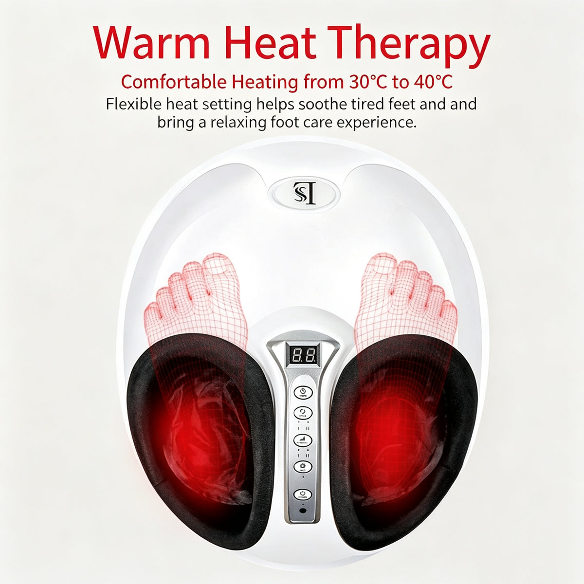 An electric foot bath with a white body, black foot pads, and red heat effect graphics, with text at the top reading 'Warm Heat Therapy' and descriptive copy about comfortable heating from 30 to 40 degrees Celsius.