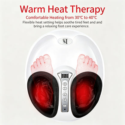 An electric foot bath with a white body, black foot pads, and red heat effect graphics, with text at the top reading 'Warm Heat Therapy' and descriptive copy about comfortable heating from 30 to 40 degrees Celsius.