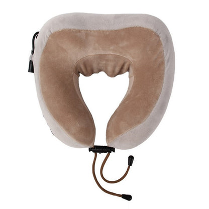 An electric neck pillow with a beige plush inner lining and a light gray fabric outer shell, featuring an adjustable drawstring cord with a switch.