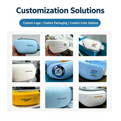Customization solutions graphic showing a 3x3 grid of eye mask products in light blue, white, and yellow, with text at the top reading 'Customization Solutions' and 'Custom Logo | Custom Packaging | Custom Color Options'.