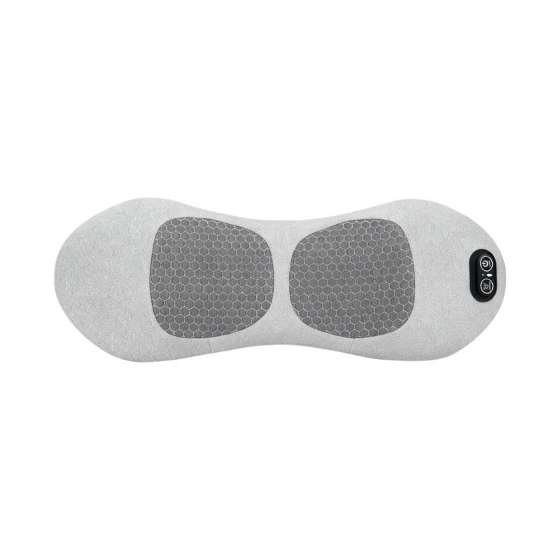 A light gray fabric neck and shoulder massager with two dark gray honeycomb-textured massage pads and a small black control button on the side, shown against a plain white background.
