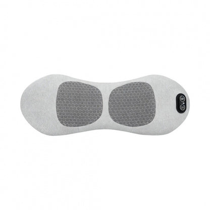 A light gray fabric neck and shoulder massager with two dark gray honeycomb-textured massage pads and a small black control button on the side, shown against a plain white background.