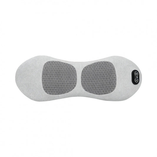 A light gray fabric neck and shoulder massager with two dark gray honeycomb-textured massage pads and a small black control button on the side, shown against a plain white background.