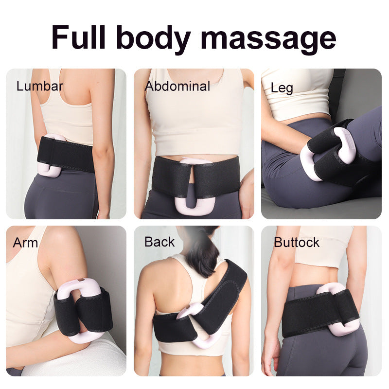 Six-panel collage showing a black and white full-body massage device worn on different parts of a woman's body, with text labels for Lumbar, Abdominal, Leg, Arm, Back, and Buttock under the heading 'Full body massage'.