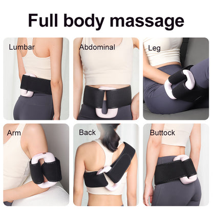 Six-panel collage showing a black and white full-body massage device worn on different parts of a woman's body, with text labels for Lumbar, Abdominal, Leg, Arm, Back, and Buttock under the heading 'Full body massage'.