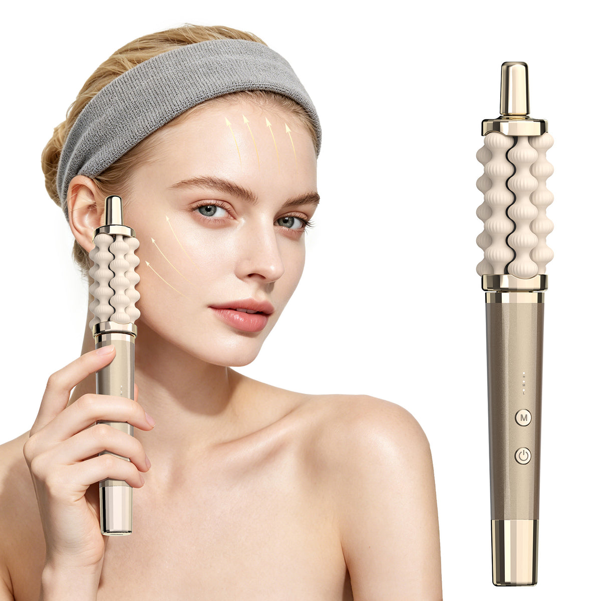 A woman wearing a gray headband holds and demonstrates a handheld beauty device on her face, with a second view of the device shown beside her on a clean white background.
