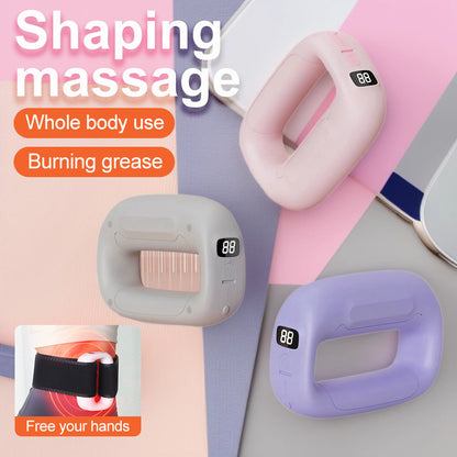 Three handheld body-shaping massage devices in pastel pink, light gray, and lavender purple are arranged on a geometric pastel background with promotional text including 'Shaping massage,' 'Whole body use,' 'Burning grease,' and 'Free your hands.' No person or real environment is present, so this is Product/Packaging rather than Lifestyle.