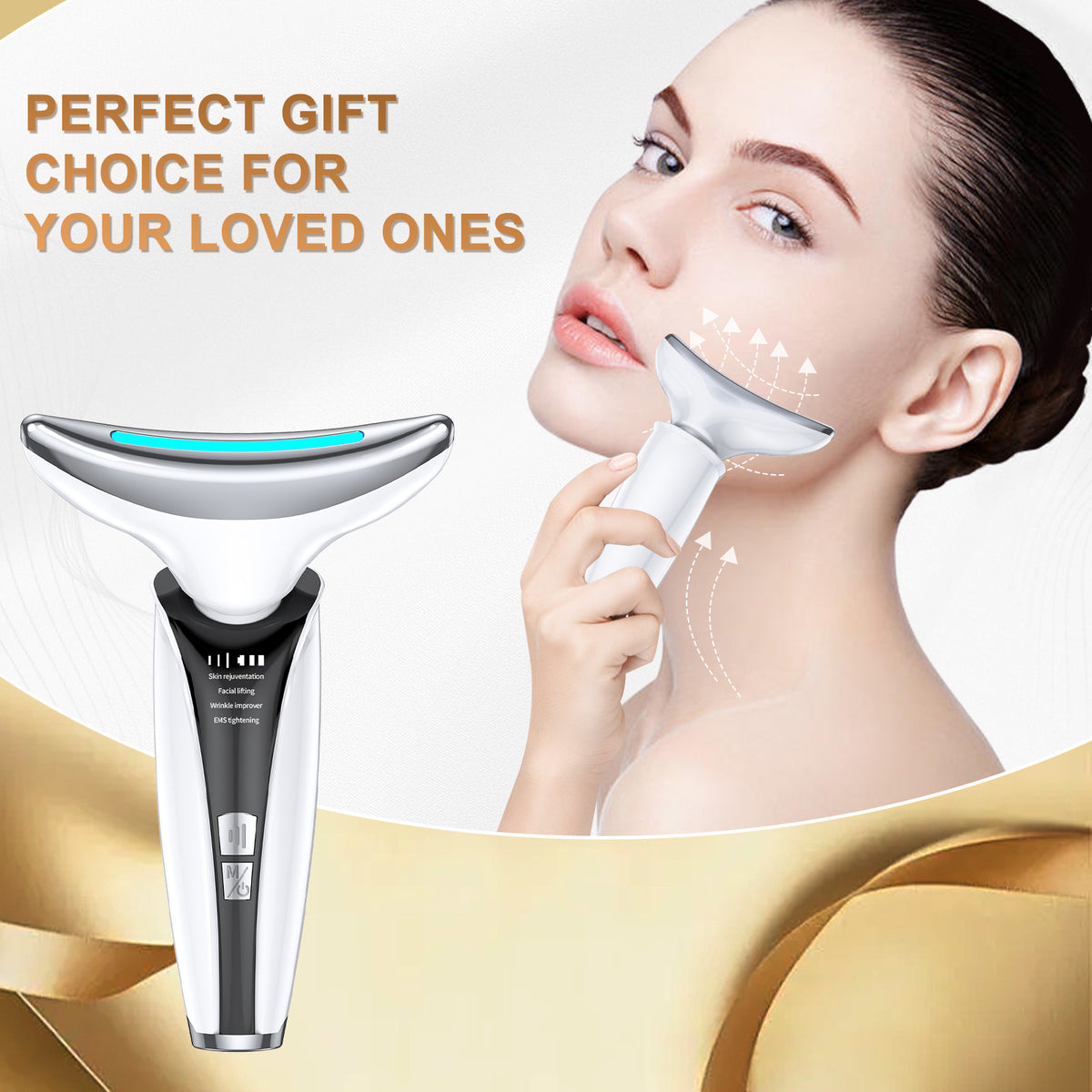 A handheld facial beauty device shown alongside a woman applying it to her face, with promotional text reading 'PERFECT GIFT CHOICE FOR YOUR LOVED ONES' on a light background with gold ribbon graphics.
