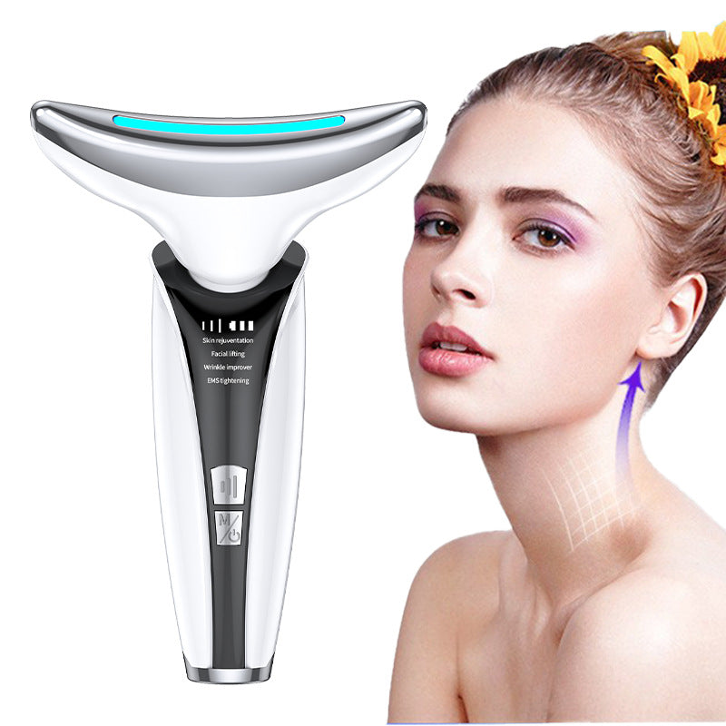 A handheld facial shaving and skin treatment device shown next to a woman's face and neck, with a purple arrow highlighting the neck area. The device has a white and black body with a silver curved head and a blue light strip.