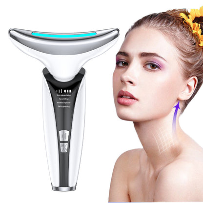 A handheld facial shaving and skin treatment device shown next to a woman's face and neck, with a purple arrow highlighting the neck area. The device has a white and black body with a silver curved head and a blue light strip.