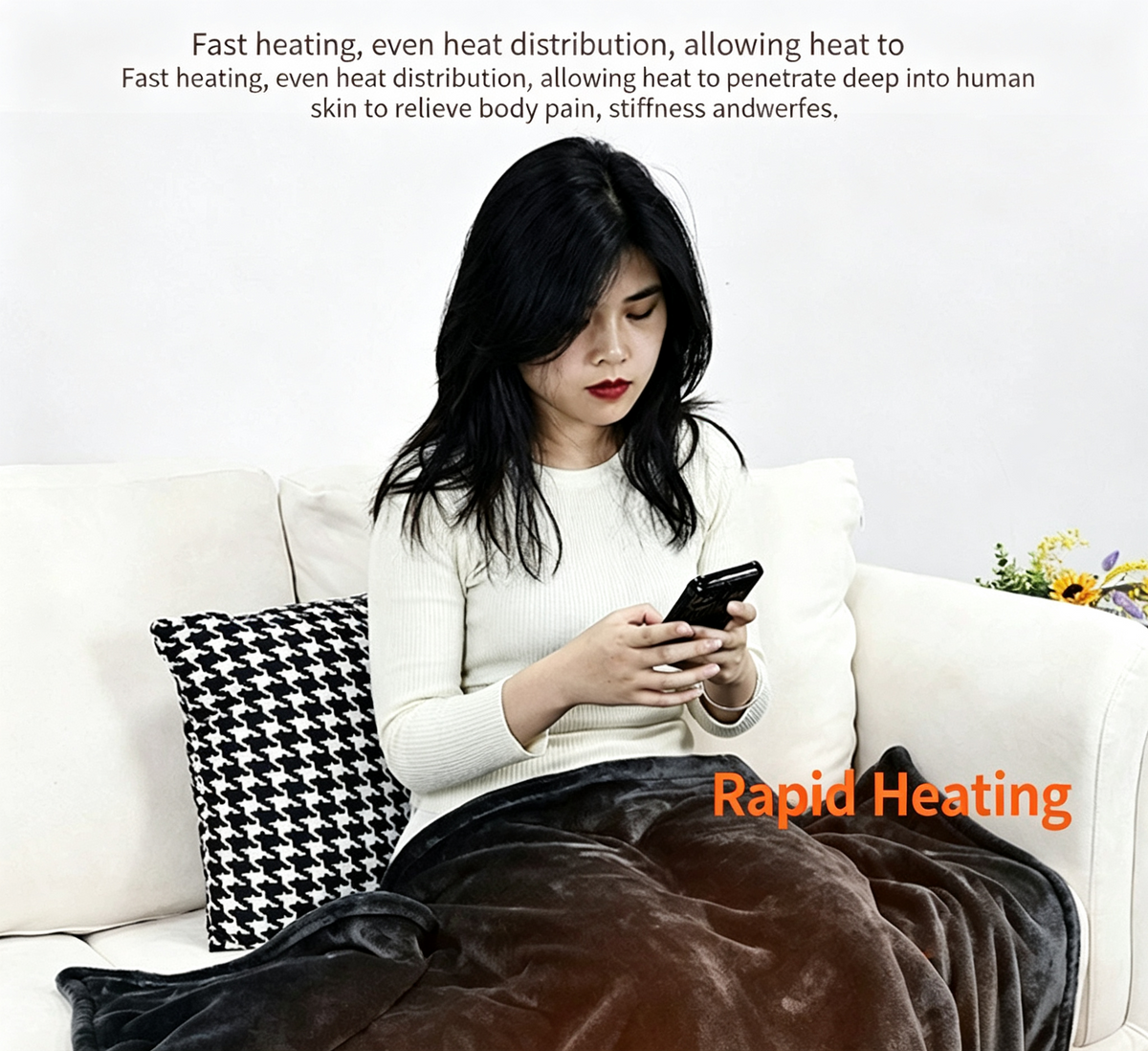 A woman sits on a white sofa using her phone while wrapped in a dark brown plush blanket. Text overlays describe the blanket's fast heating and even heat distribution benefits, with 'Rapid Heating' written in orange.
