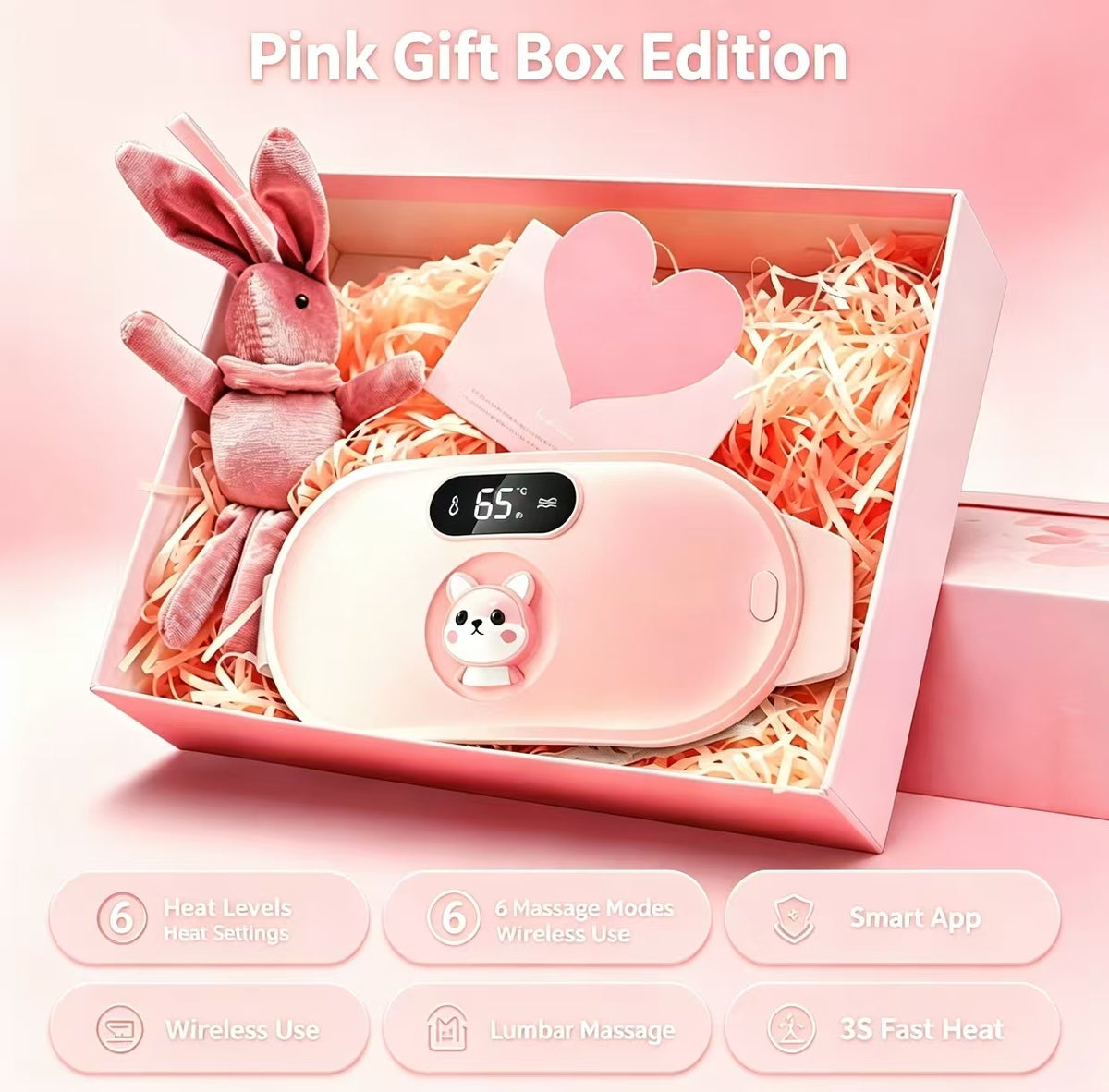 Pink gift box edition featuring a pink handheld heating pad with a digital temperature display and a cartoon face, presented in a pink box with shredded paper, a plush bunny, and a heart-shaped card. Text at the top reads 'Pink Gift Box Edition' and feature callouts appear along the bottom.