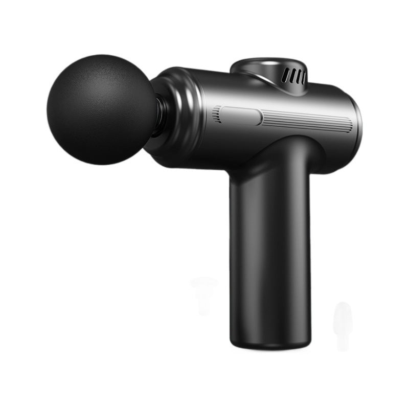 Black and silver massage gun on a white background