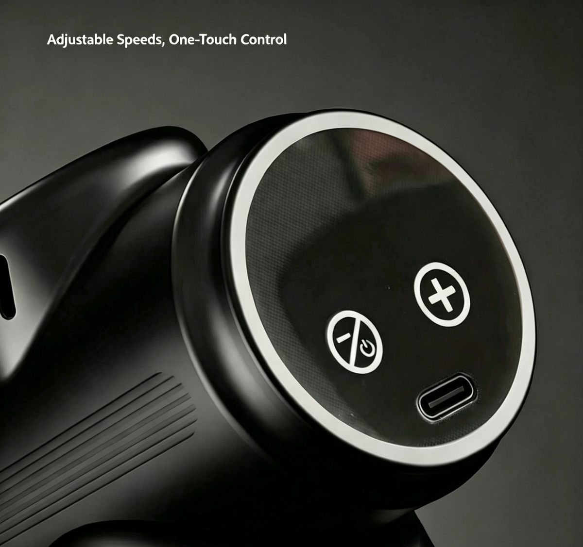 Close-up of a black electronic device with a circular control panel showing speed and power icons, with the text 'Adjustable Speeds, One-Touch Control' at the top left.