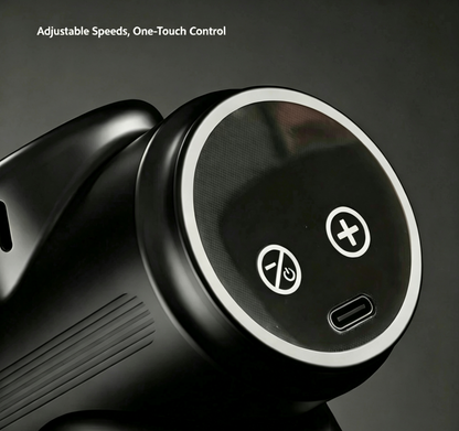 Close-up of a black electronic device with a circular control panel showing speed and power icons, with the text 'Adjustable Speeds, One-Touch Control' at the top left.