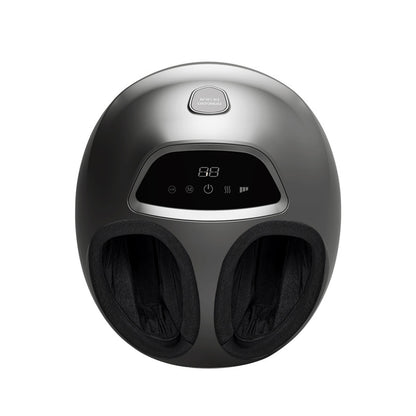 A modern foot massager with a sleek, rounded metallic gray exterior and a digital control panel on the front, set against a solid white background.
