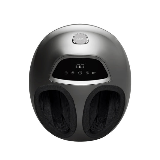 A modern foot massager with a sleek, rounded metallic gray exterior and a digital control panel on the front, set against a solid white background.