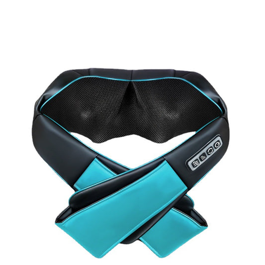 A neck and shoulder massage wrap with black and turquoise blue panels, shown on a plain white background.