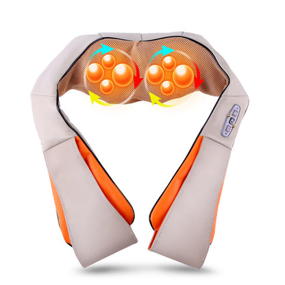 A neck and shoulder massage pillow in light gray and orange, featuring a mesh head with glowing orange massage nodes and arrows indicating movement, set against a plain white background.