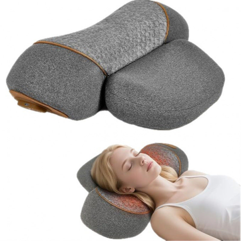 Gray neck pillow with brown accents on a white background, with a person using it.