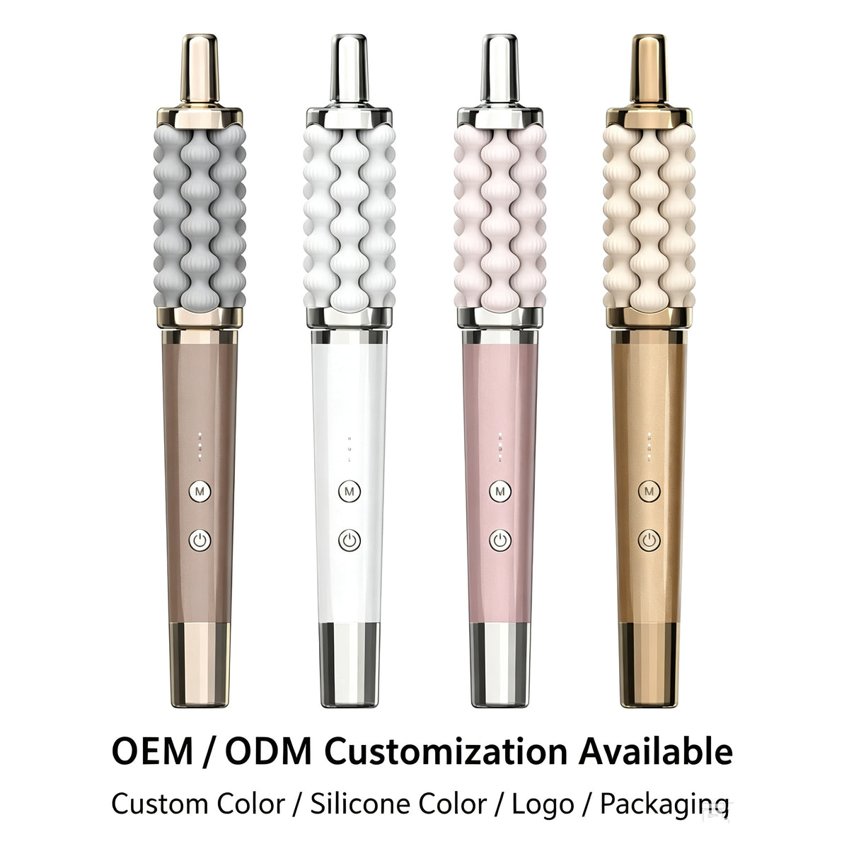 Four handheld personal massagers shown upright on a white background, each in a different color: gray, white, blush pink, and champagne gold. The devices have textured wavy handles, metallic silver/chrome ends, and two circular buttons on the lower body.